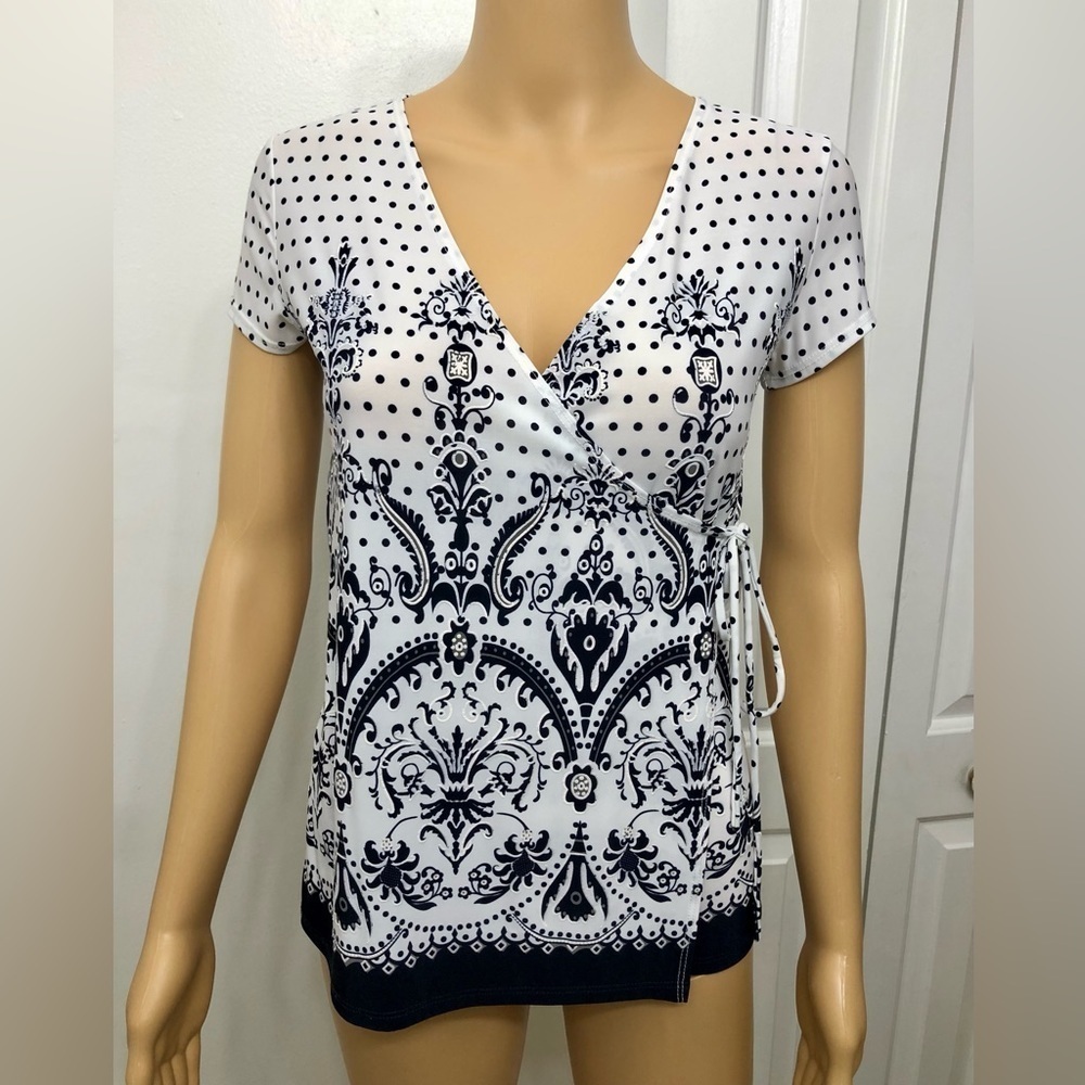 Marianne | White and Blue Damask Dots Top Blouse Size S